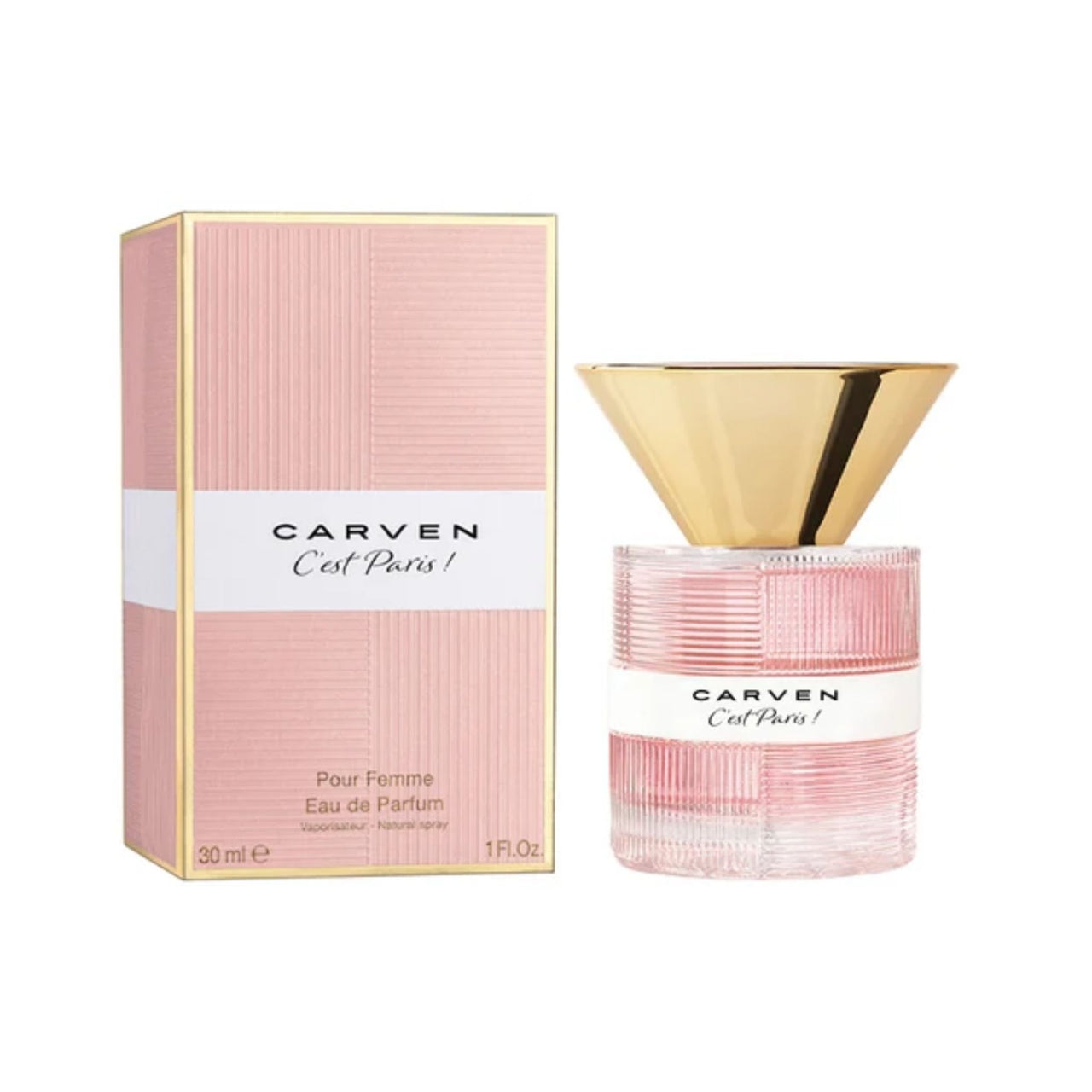 Carven Eau de Parfum Flakon im rosafarbenen Glas mit Verpackungskarton