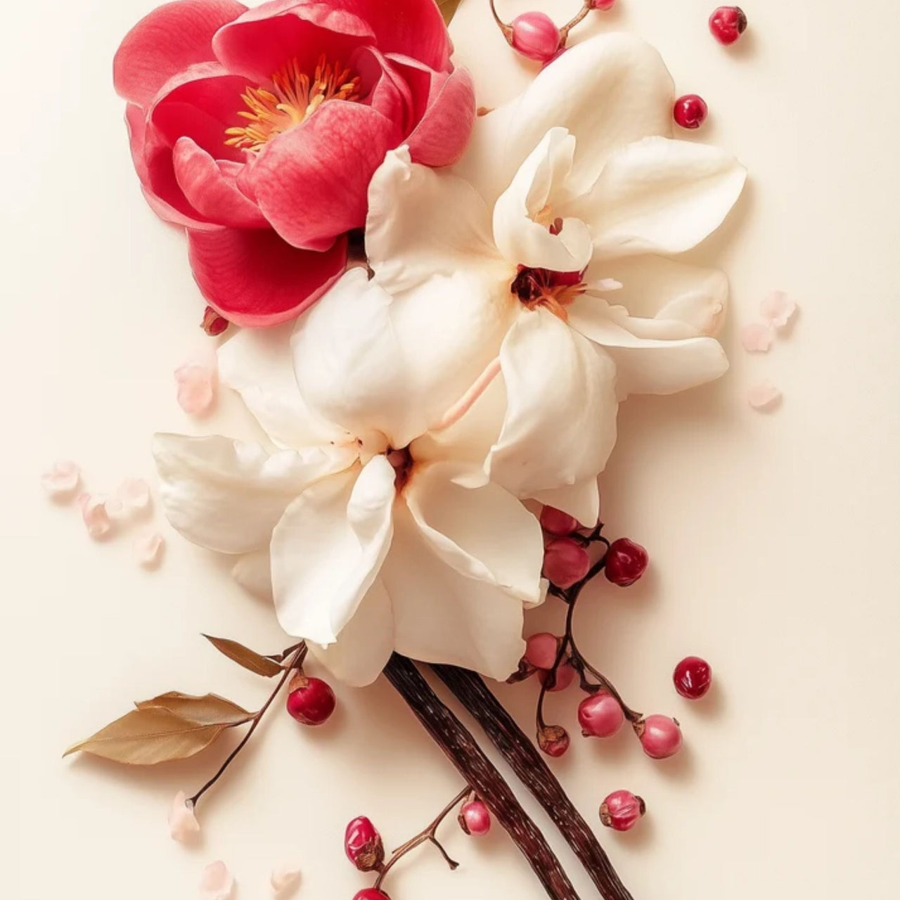 Weiße und rote Blüten mit kleinen Beeren