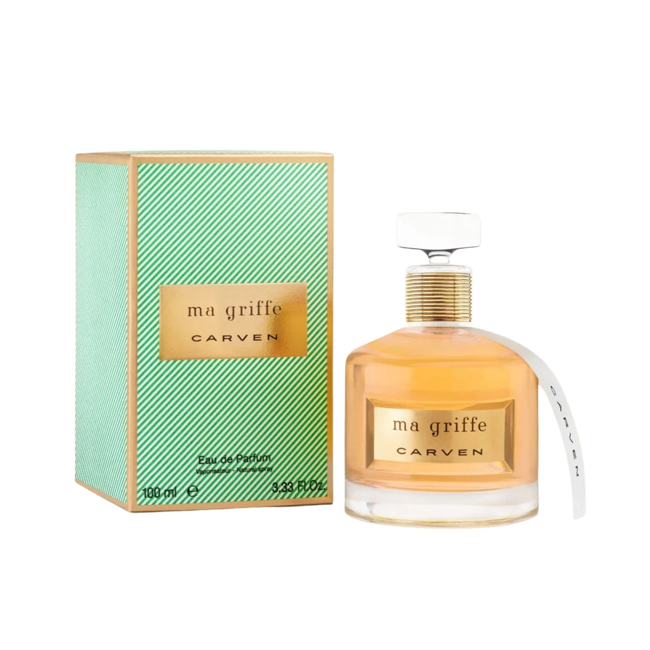 Eau de Parfum Ma Griffe: Flakon mit Box, mintgrünes Design und goldfarbener Kappe