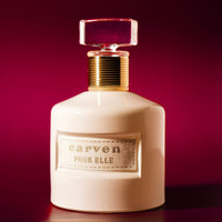 Carven Pour Elle Eau de Parfum Flakon, cremeweiße Glasflasche mit goldener Kappe