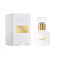 Carven Pour Elle Eau de Parfum Flakon mit Karton, cremeweiße Flasche und goldene Kappe