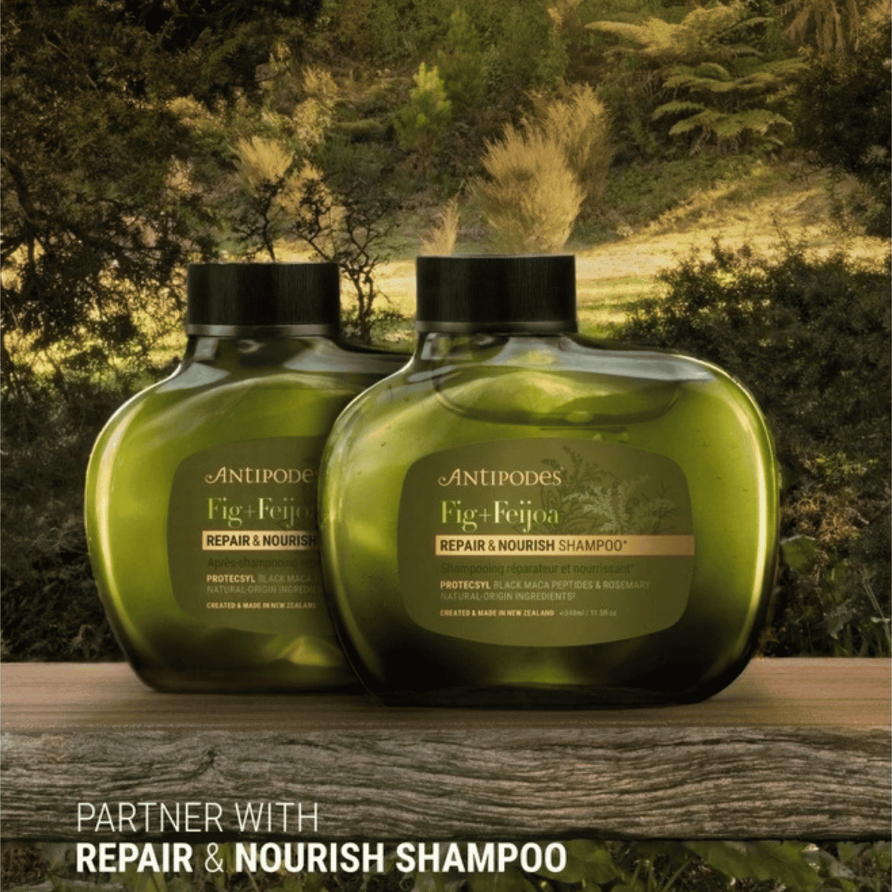 Zwei Flaschen Repair & Nourish Shampoo, dunkelgrün mit schwarzen Kappen