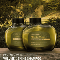 Zwei Shampoo- und Conditioner-Flaschen Mānuka+Orange Volume & Shine, grün, schwarze Deckel