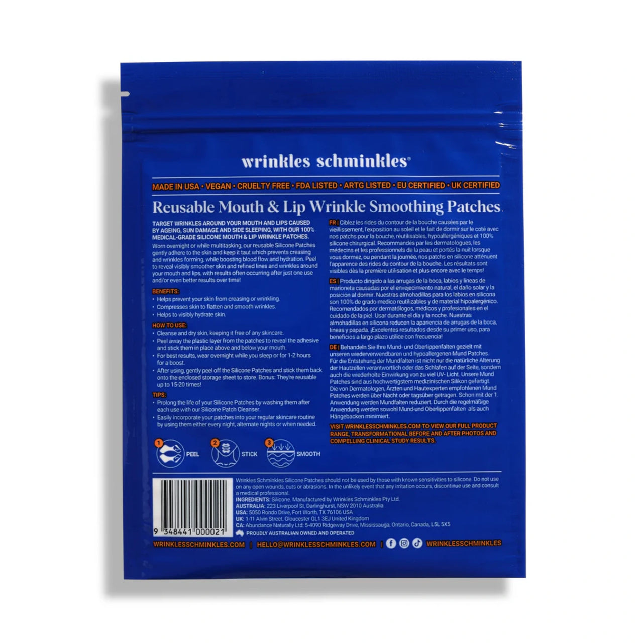 Rückseite der blauen Beutelverpackung für Mund- und Lippen-Faltenpflaster mit Barcode