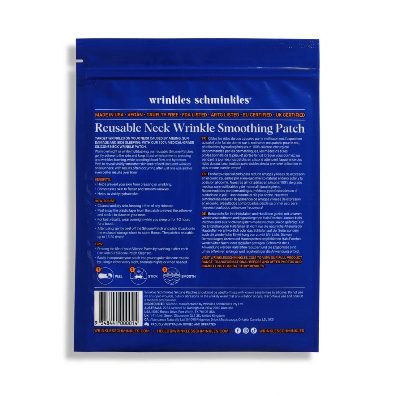 Wiederverwendbares Halsfalten-Smoothing-Patch, Rückseite der blauen Verpackung