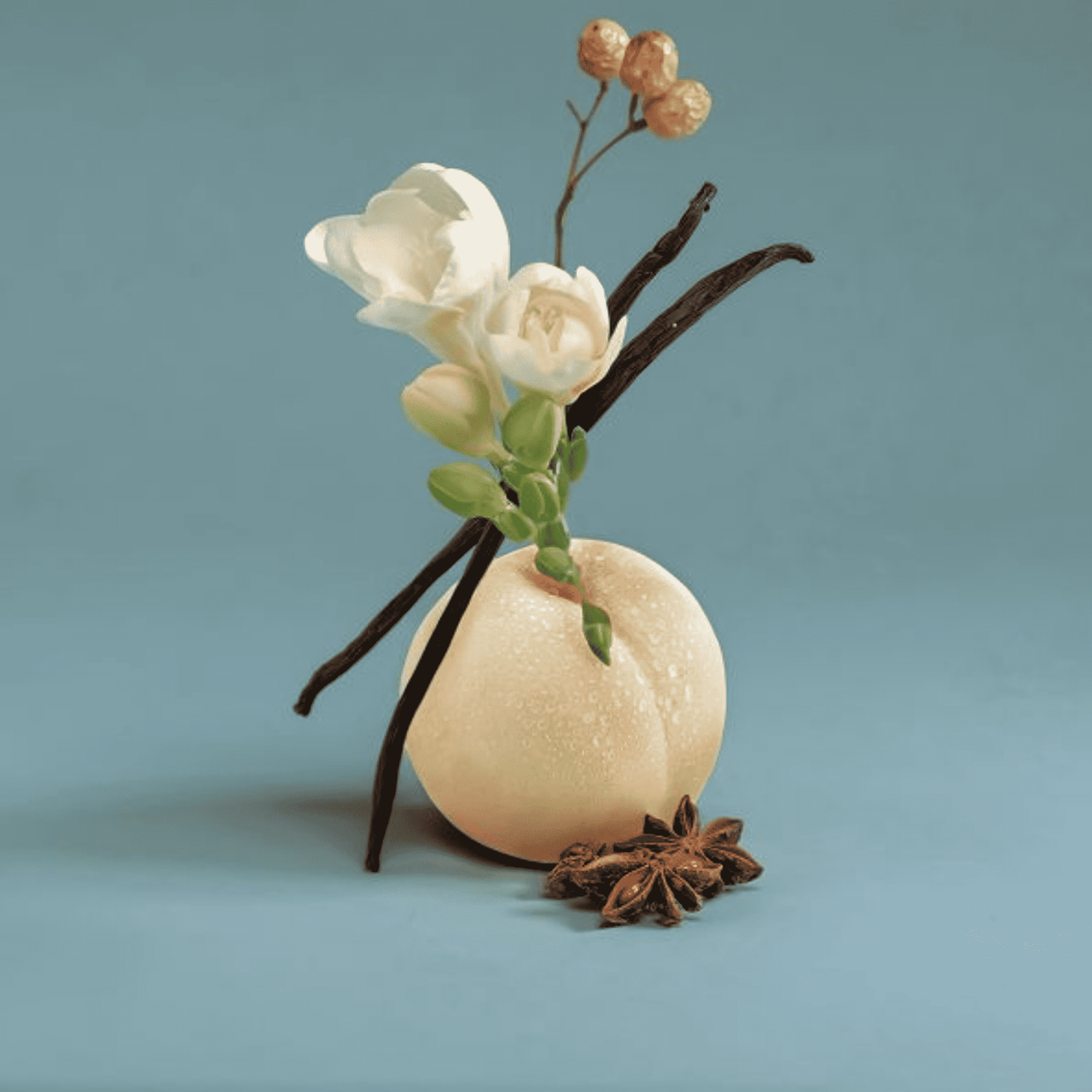 Deko-Set mit beigem Beutel, weißer Blume und Zweigen, Peach-Freesia-Optik