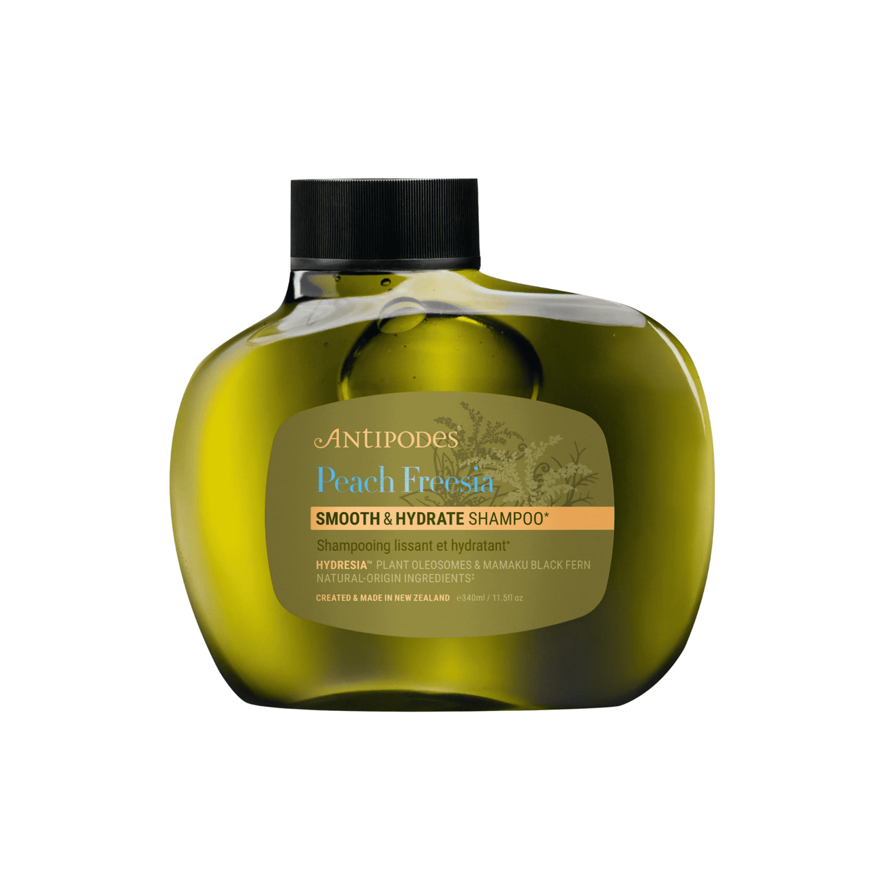 Antipodes Peach Freesia Smooth & Hydrate Shampoo-Flasche, gelb-grün, schwarzer Deckel