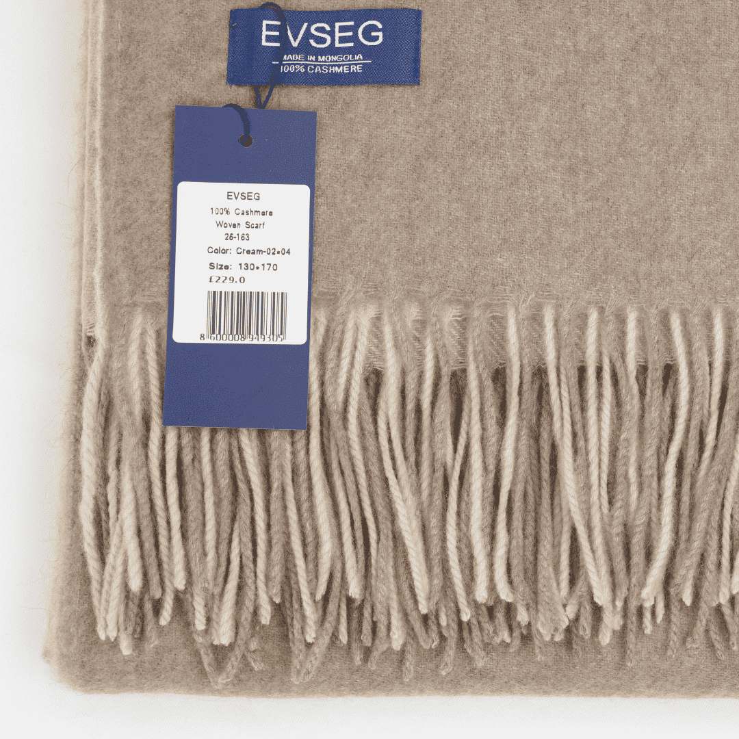 Beige Damenstola mit langen Fransen, Etikett EVSEG am Stoffsaum