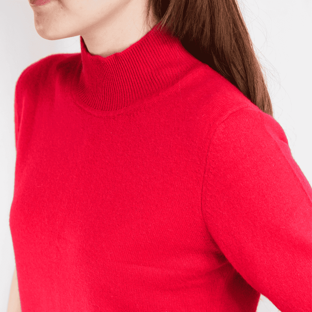Rotes Strick-T-Shirt mit Rollkragen und kurzen Ärmeln, gemütlicher Damenpullover-Stil